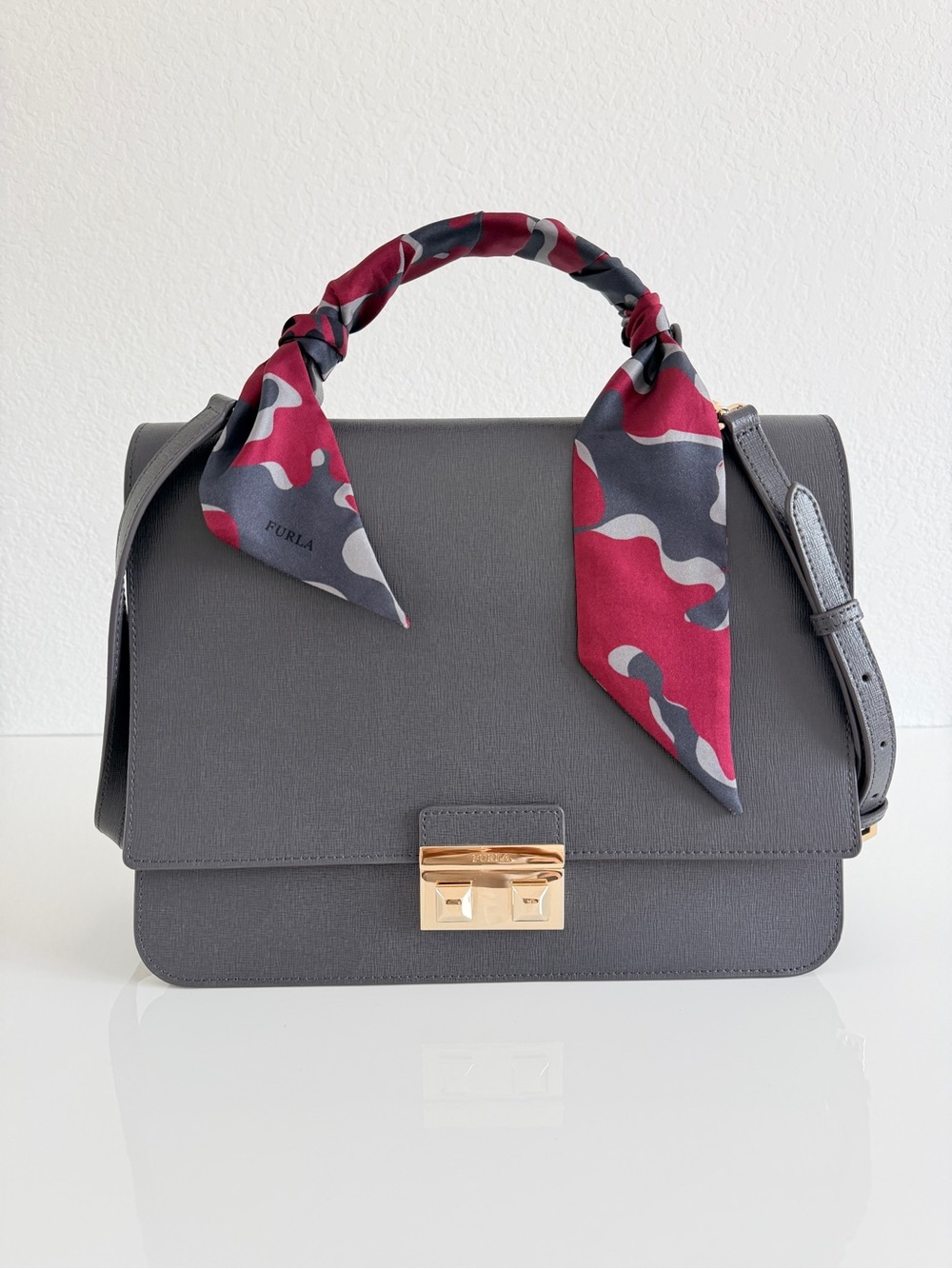 Furla Gray Leather Top-Handle Satchel with Burgundy Patterned Scarf